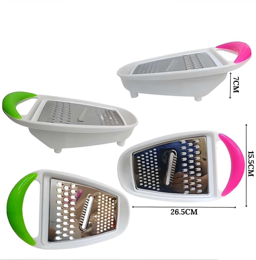 Set x2 ralladores blancos con agarraderas verdes y rosas. Incluye contenedor. Medidas 26.5cm y 15.5cm.