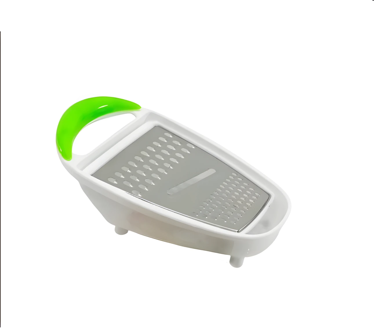Rallador blanco con agarradera verde brillante y base recolectora de comida.