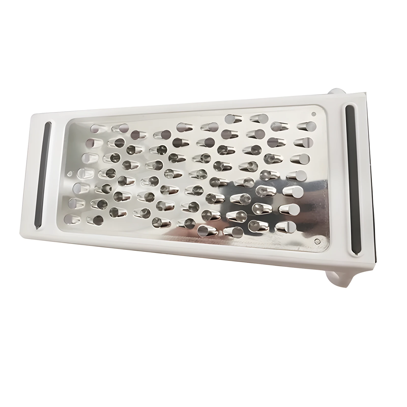 Rallador de queso manual blanco, acero inoxidable, cuchillas afiladas, utensilio de cocina.