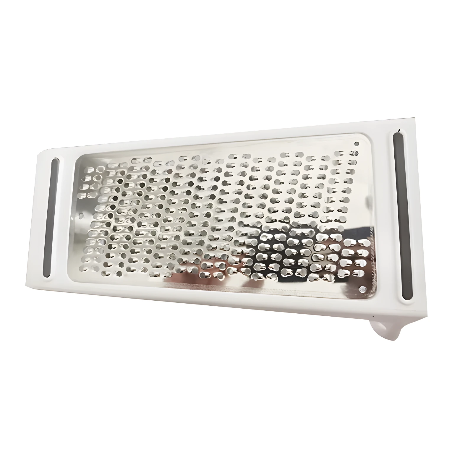 Rallador de queso manual blanco con lámina metálica de múltiples agujeros para rallar finamente en cocina.