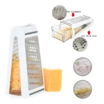 Rallador de queso manual blanco con cajón, mostrando quesos rallados, bloque de queso y detalles de las cuchillas.