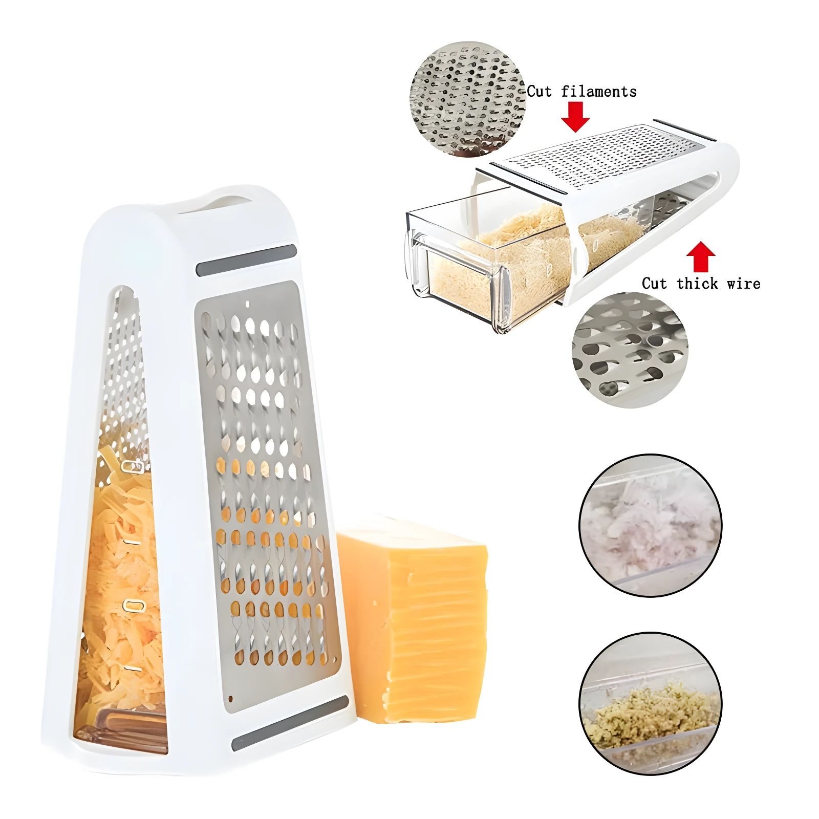 Rallador de queso manual blanco con cajón, mostrando quesos rallados, bloque de queso y detalles de las cuchillas.