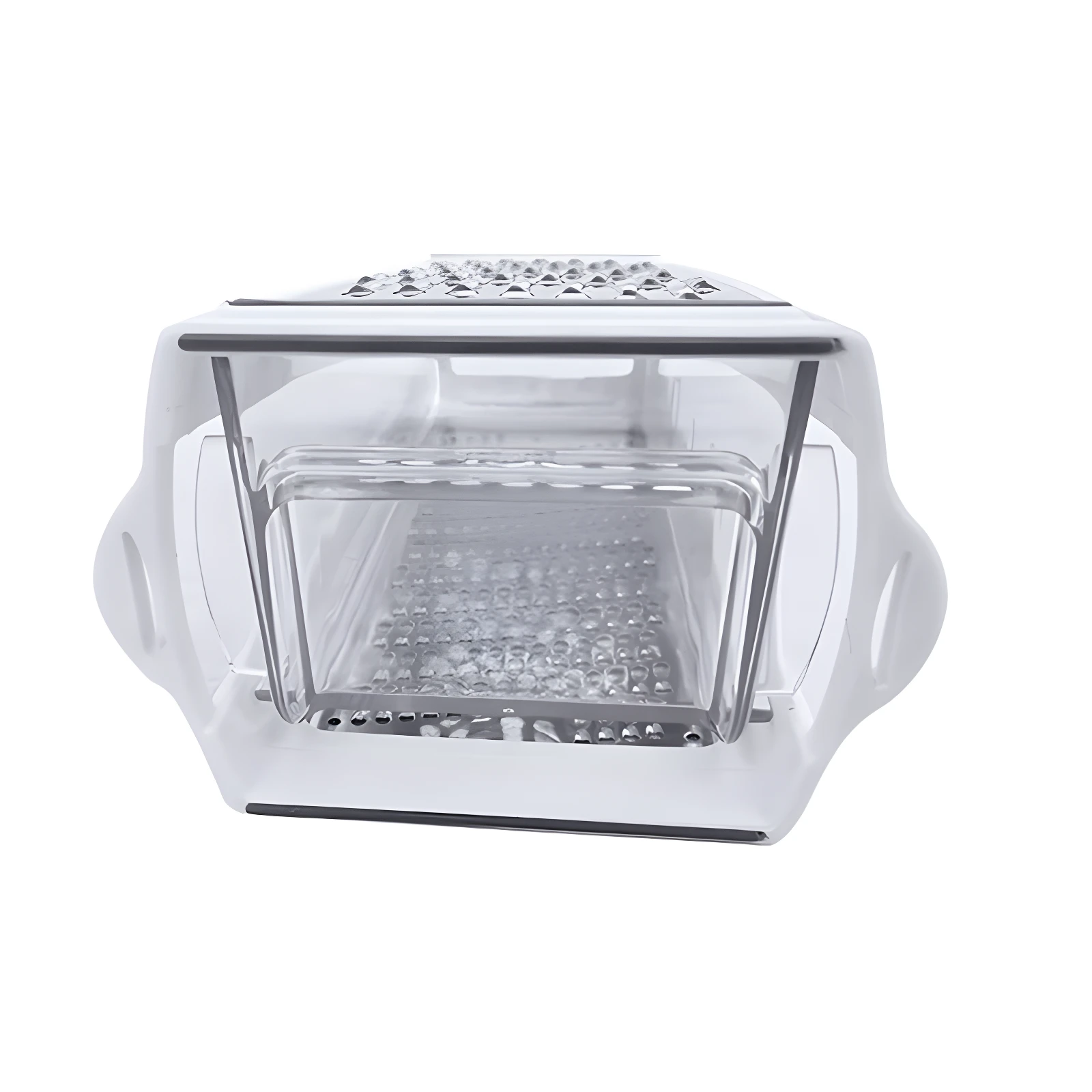 Rallador de queso manual transparente con compartimento recolector, ideal para cocina.