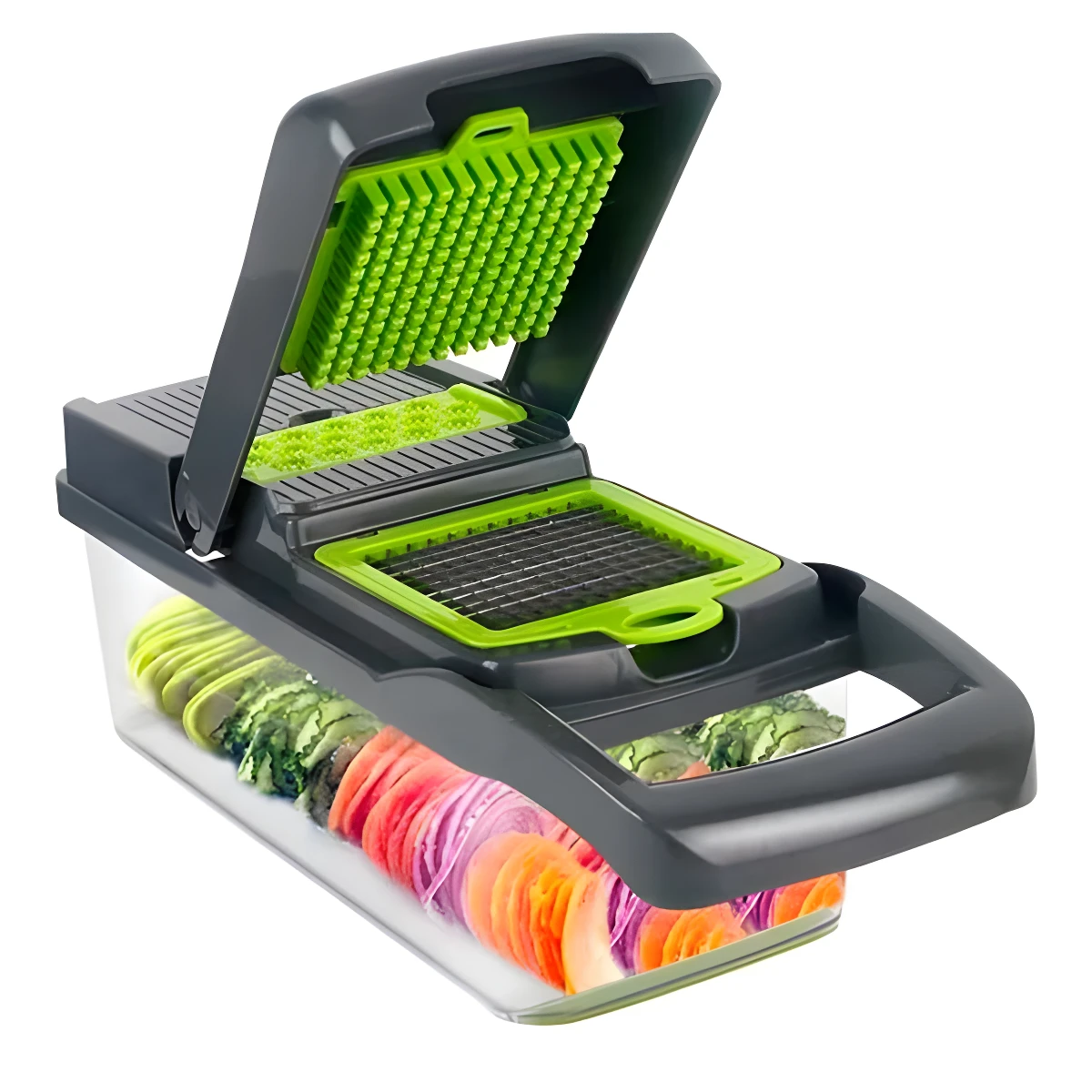 Picador y cortador de verduras 14 en 1 de plástico gris y verde con diferentes cuchillas, mostrando aguacate, cebolla y tomate cortados en rodajas.