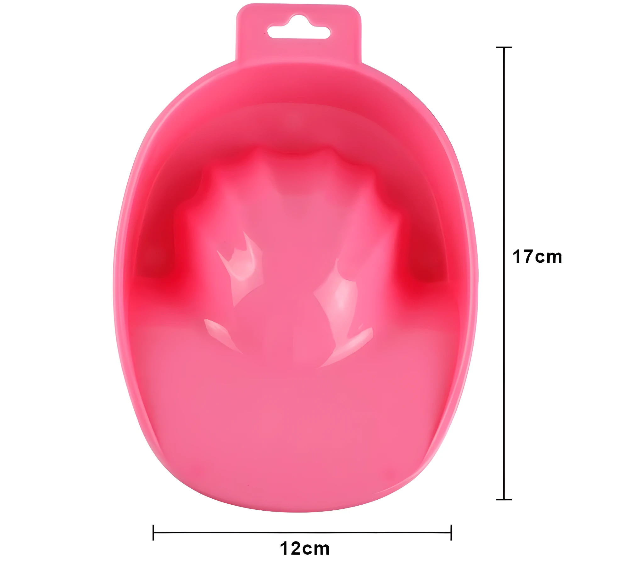Recipiente rosado para manicure con forma ergonómica de 17 cm de largo por 12 cm de ancho, diseñado para remojar dedos y remover esmalte.