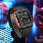 Reloj Curren 8442 negro con detalles dorados y manilla de silicona, cronógrafo de cuarzo.