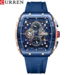 Reloj Curren 8442 cronógrafo azul con manilla de silicona, detalles dorados y multifuncional.