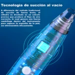 Removedor de espinillas eléctrico azul transparente con tecnología de succión al vacío, muestra su circuito interno.