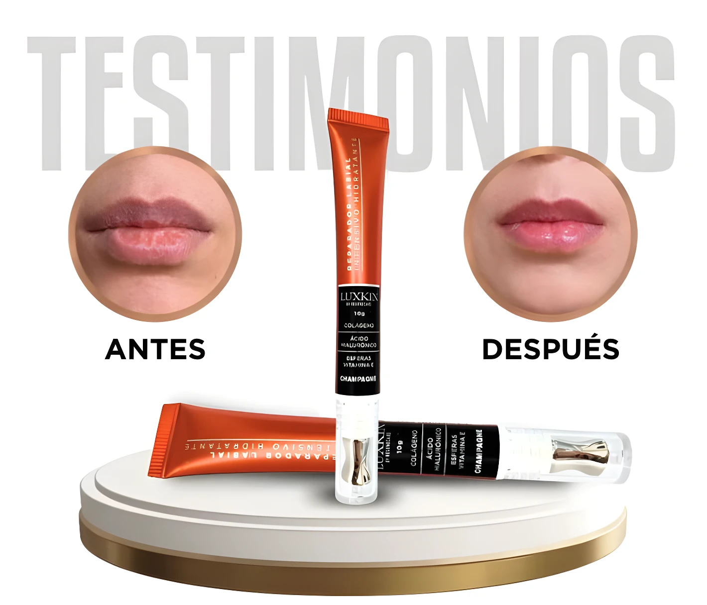 Testimonio: labios antes y después de aplicar reparador labial Champagne Luxskin 10g.
