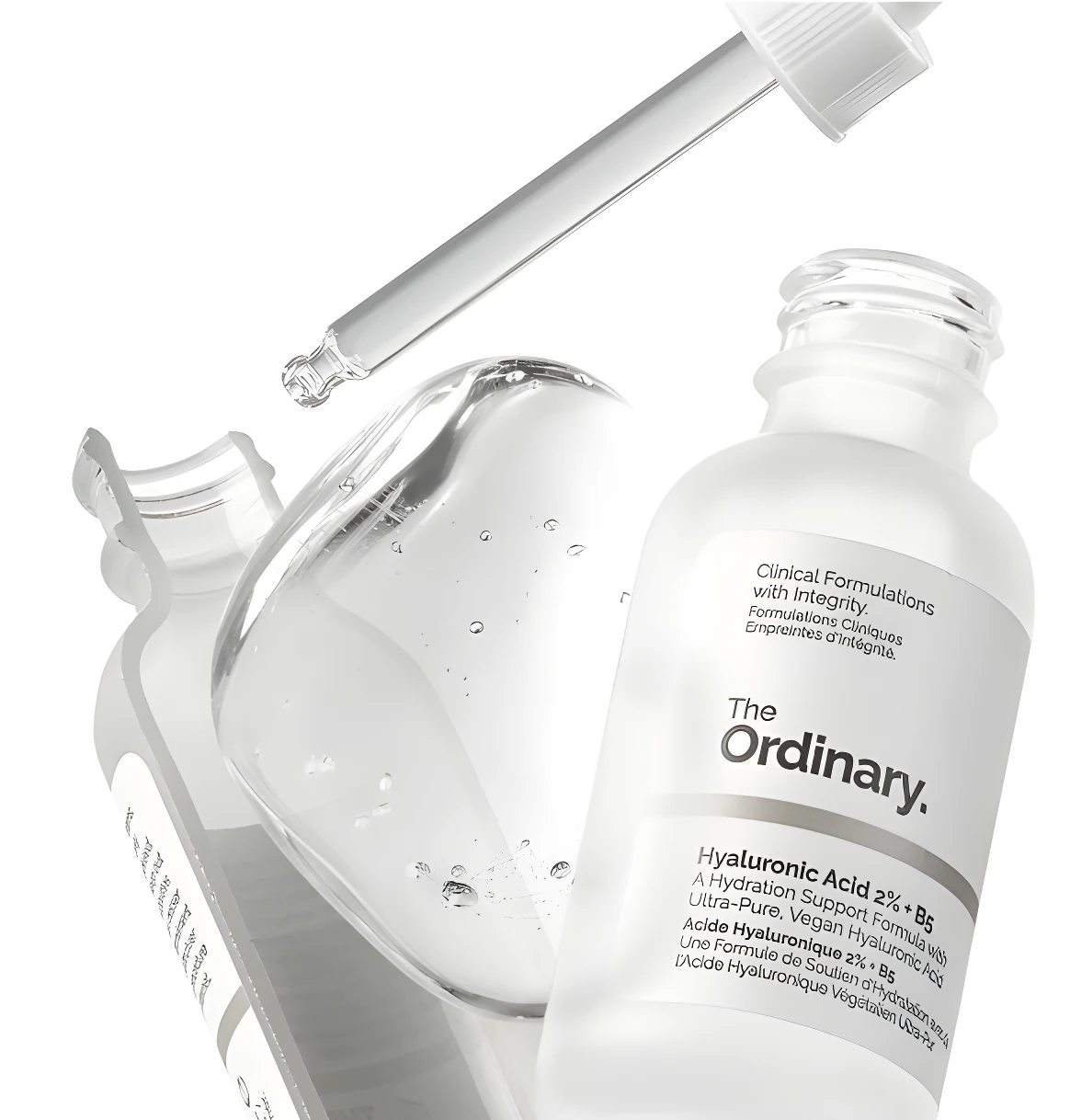 Suero The Ordinary Hyaluronic Acid 2% + B5, con gotero, envase blanco y líquido transparente.