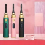 Rizador eléctrico de pestañas. Set x2, disponible en verde, rosa y negro. Pantalla digital muestra temperaturas 65, 75 y 85.