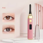Rizador eléctrico de pestañas en color rosa, ideal para realzar la mirada.