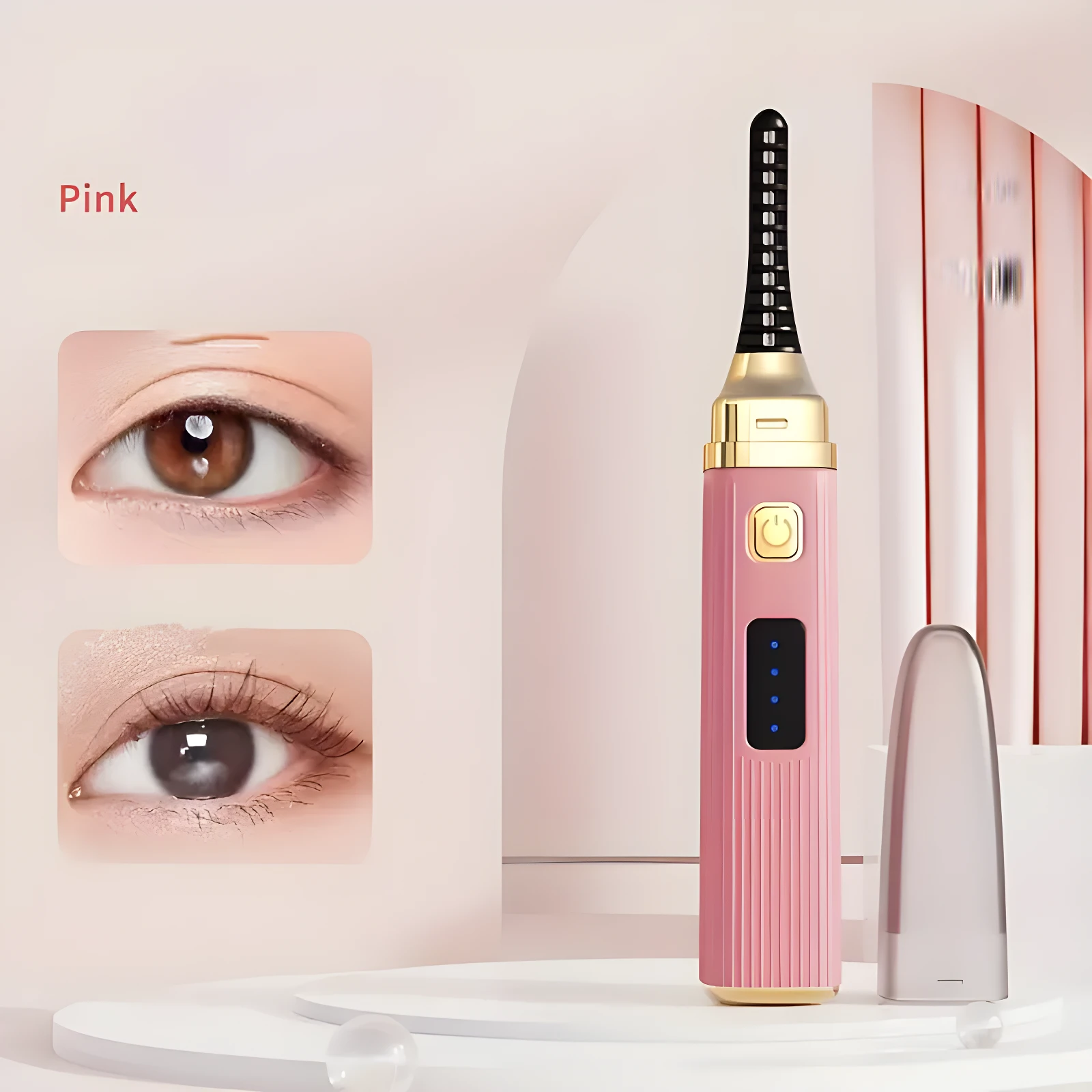 Rizador eléctrico de pestañas en color rosa, ideal para realzar la mirada.