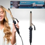 Rizador de cabello Sokany color champaña y negro con pinza, mostrado en uso por una mujer, junto a su empaque y una vista completa del dispositivo.