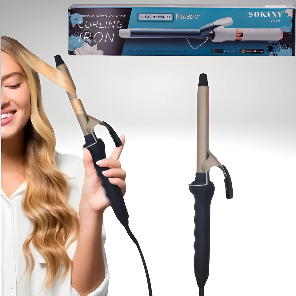 Rizador de cabello Sokany color champaña y negro con pinza, mostrado en uso por una mujer, junto a su empaque y una vista completa del dispositivo.
