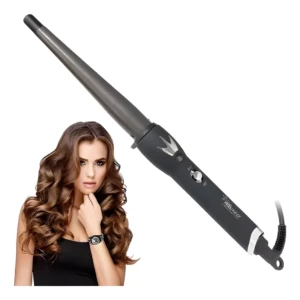 Rizadora de cabello cónica color negro con recubrimiento cerámico y control de temperatura junto a una mujer con ondas suaves y brillantes.