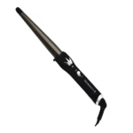 Rizadora de cabello cónica Remington con barril de cerámica negra, mango ergonómico, selector de temperatura y cable giratorio sobre fondo blanco.