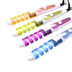 Rizador de cabello en espiral con recubrimiento cerámico en colores naranja, verde, morado y azul.