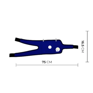 Rodillera ortopédica azul con circunferencia de 75 cm y altura de 16.5 cm.