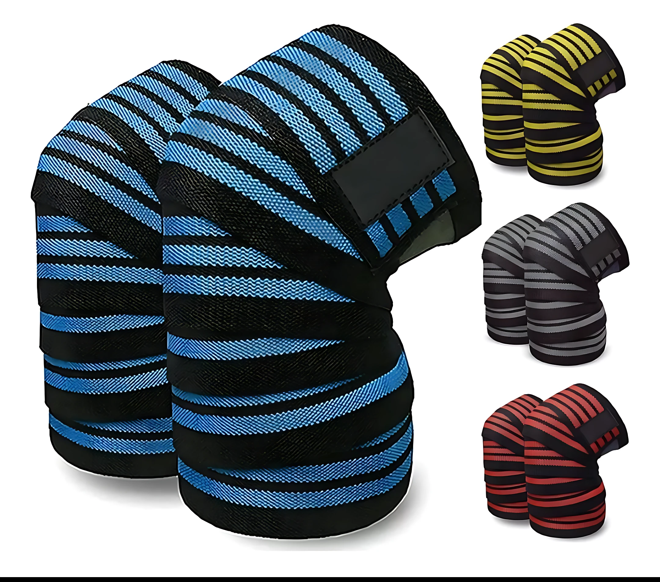 Rodilleras de compresión deportivas Gym-Sport Lif azul, amarillo, gris y rojo para entrenamiento.