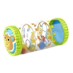 Rodillo de gateo inflable para bebé, con diseño de mono y animales, sonajero interno y texturas para estimulación.