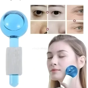 Rodillo facial de hielo azul para desinflamar rostro y ojeras. Incluye comparativa de antes y después.
