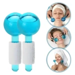 Set x2 rodillos de hielo facial azul, esféricos y con mangos blancos texturizados, para desinflamar y revitalizar la piel.