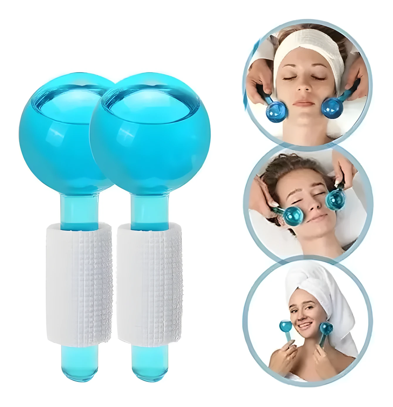 Set x2 rodillos de hielo facial azul, esféricos y con mangos blancos texturizados, para desinflamar y revitalizar la piel.