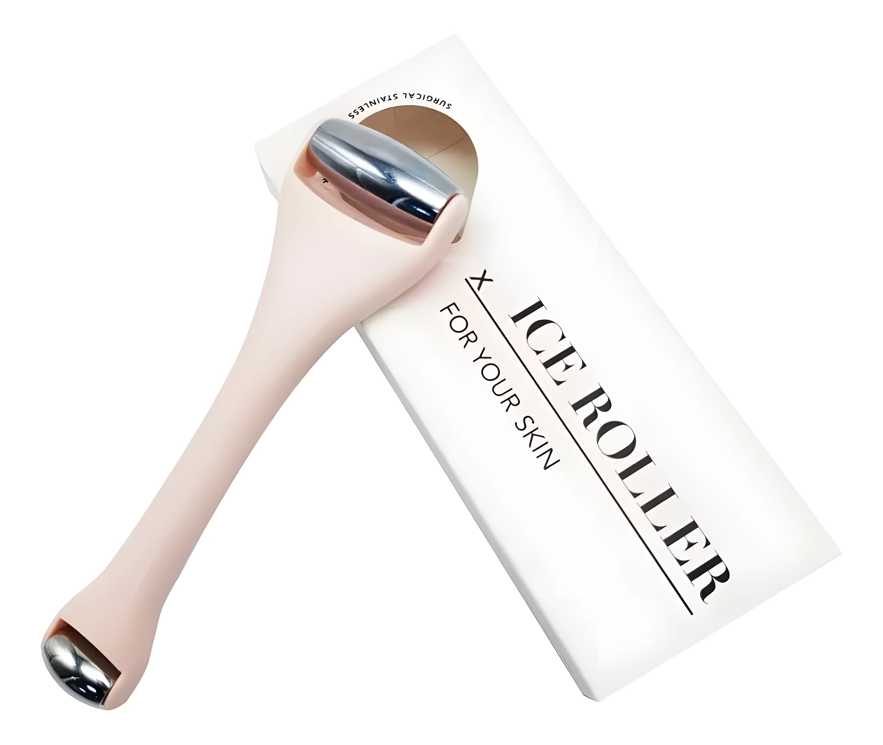 Rodillo facial Ice Roller metálico doble punta, color rosa pálido, para desinflamar y refrescar la piel.