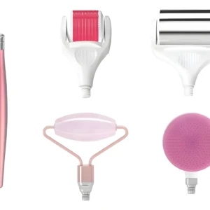 Set de 5 rodillos faciales para masaje y rejuvenecimiento: rosa, hielo, y tres con texturas.