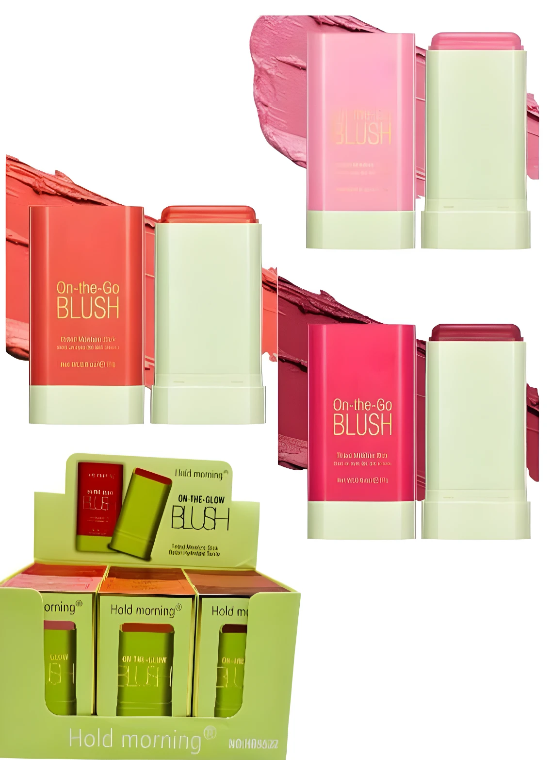 Set x2 rubor en barra "On-the-Go Blush" en tonos coral y rosa, para contorno facial natural y duradero.