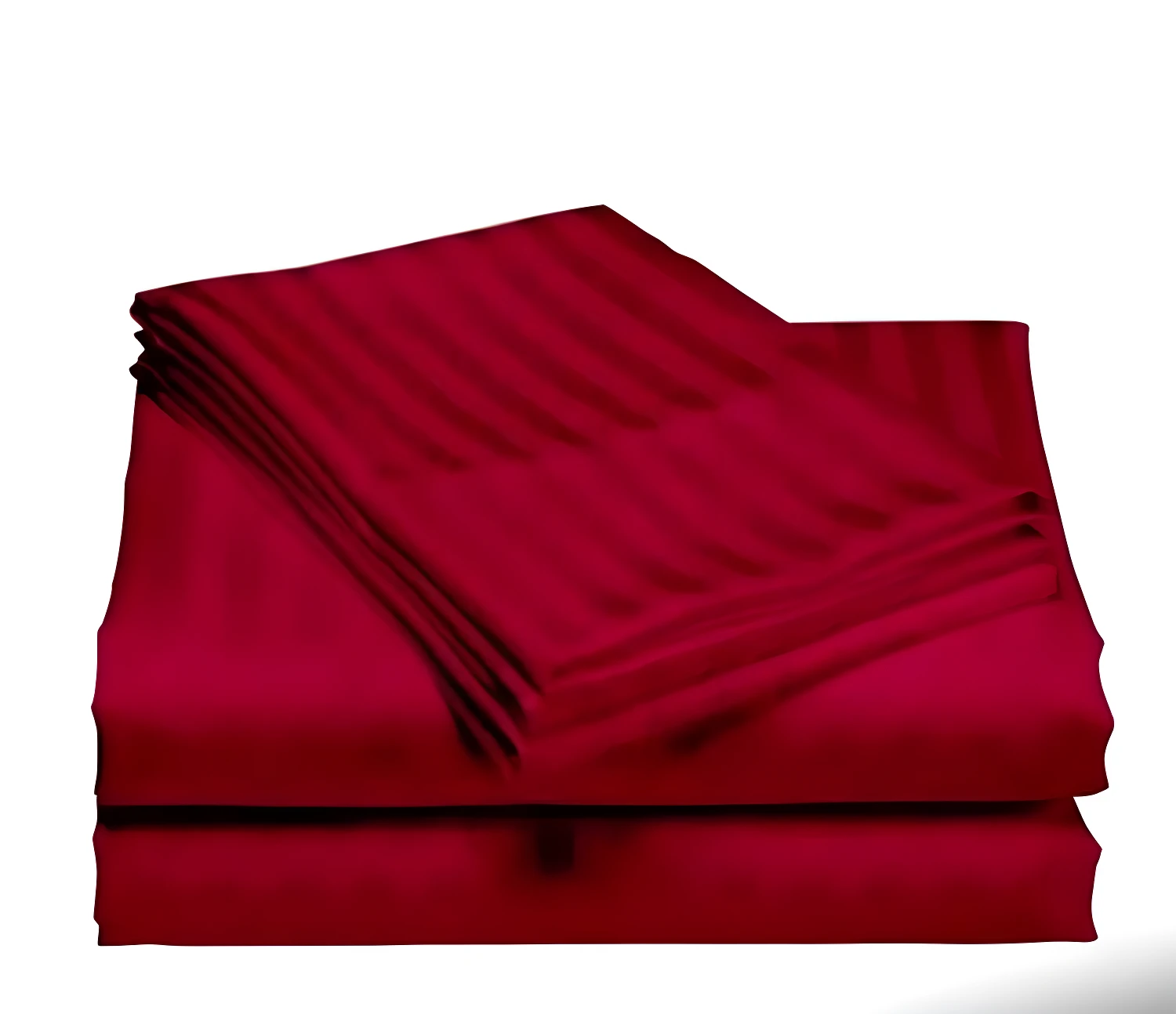 Sábanas rojas de satín con textura de rayas, apiladas y dobladas.