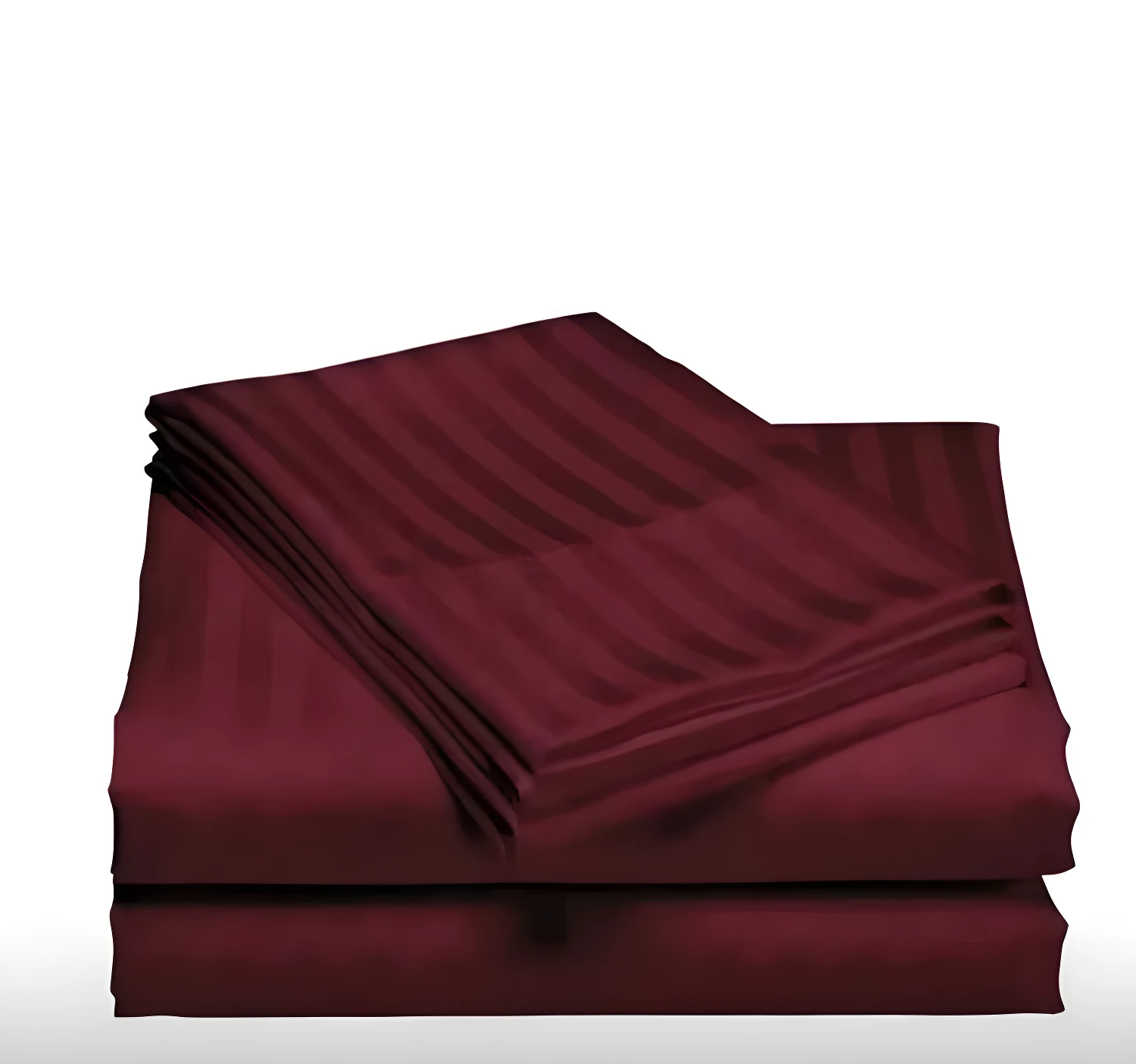 Juego de sábanas dobles color vino c las, diseño de rayas finas, apiladas en superficie blanca.