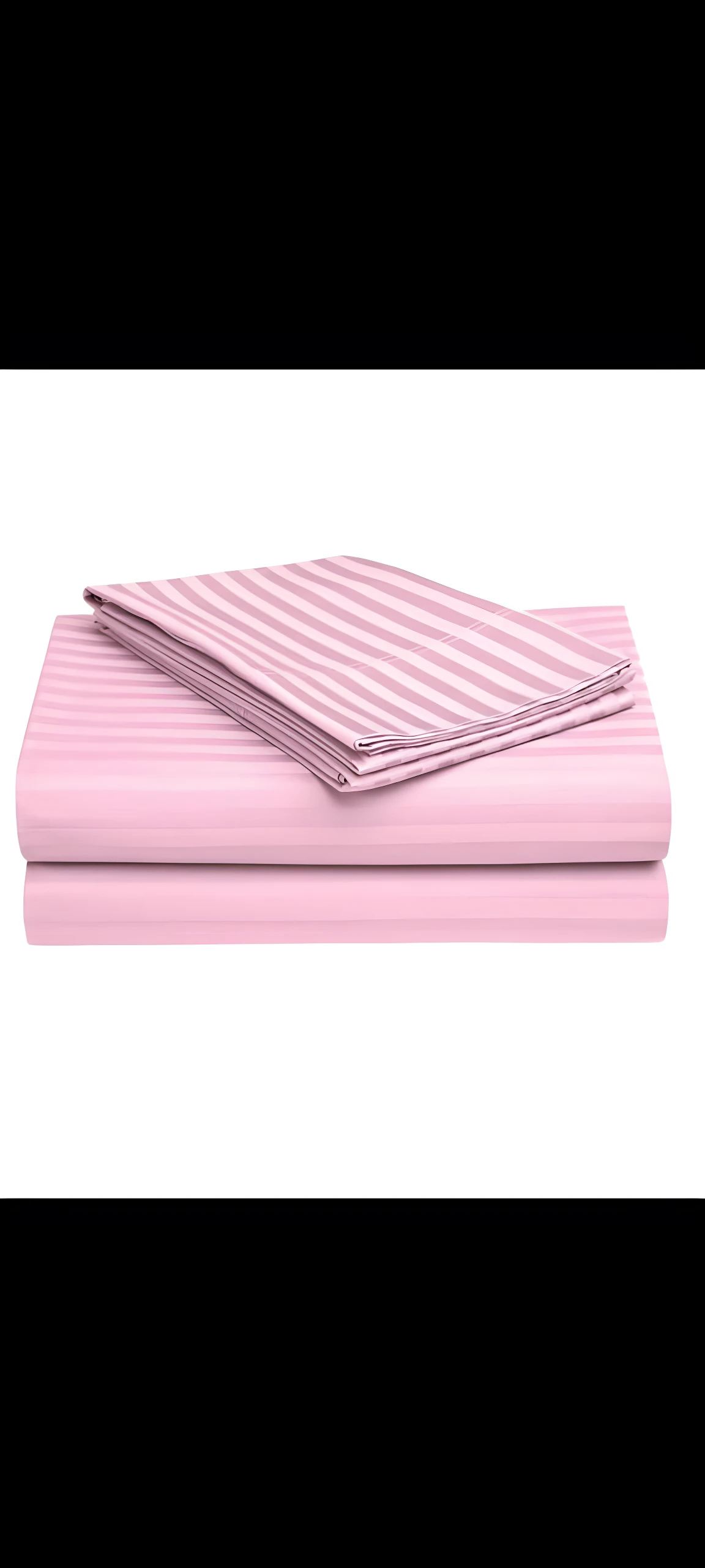 Sábanas dobles rosadas a rayas, dobladas y apiladas.