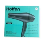 Caja de secador de cabello Hoffen de 3000W color turquesa con el producto en negro, indicando secado rápido, boquilla de cerámica y ajustes de velocidad.