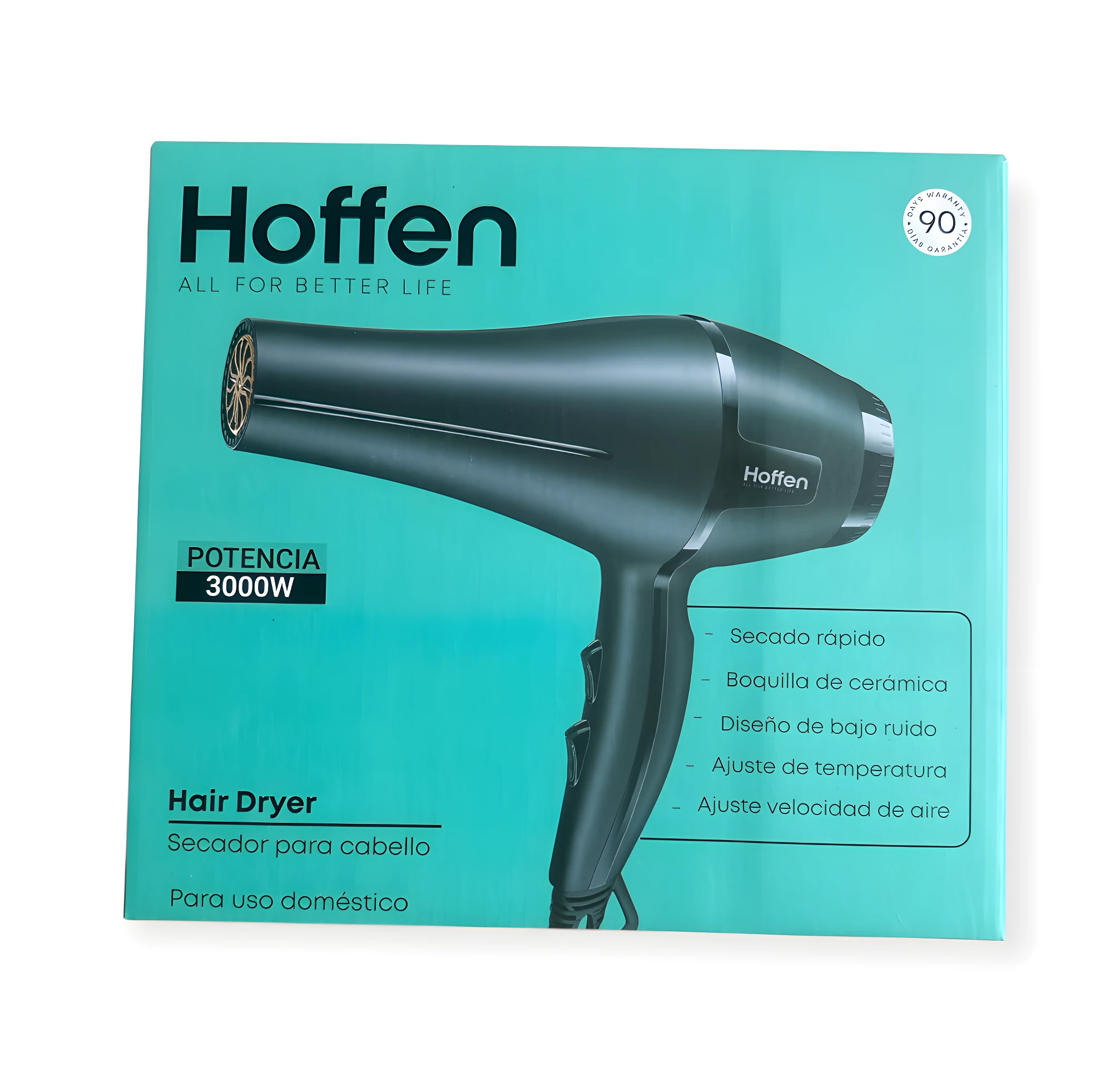 Caja de secador de cabello Hoffen de 3000W color turquesa con el producto en negro, indicando secado rápido, boquilla de cerámica y ajustes de velocidad.