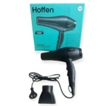 Secador de cabello negro Hoffen 3000W junto a su caja turquesa, incluye boquilla concentradora y cable de alimentación con enchufe.