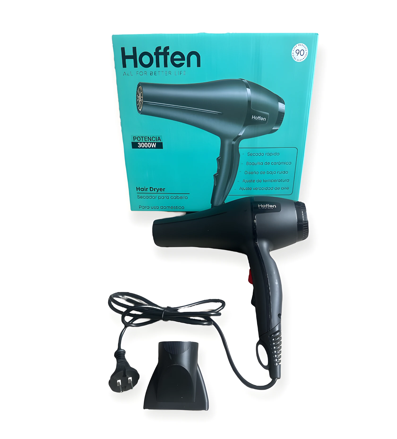 Secador de cabello negro Hoffen 3000W junto a su caja turquesa, incluye boquilla concentradora y cable de alimentación con enchufe.