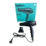 Secador de cabello negro de 3000W Hoffen con boquilla concentradora, cable de alimentación y caja de empaque con especificaciones técnicas a la vista.