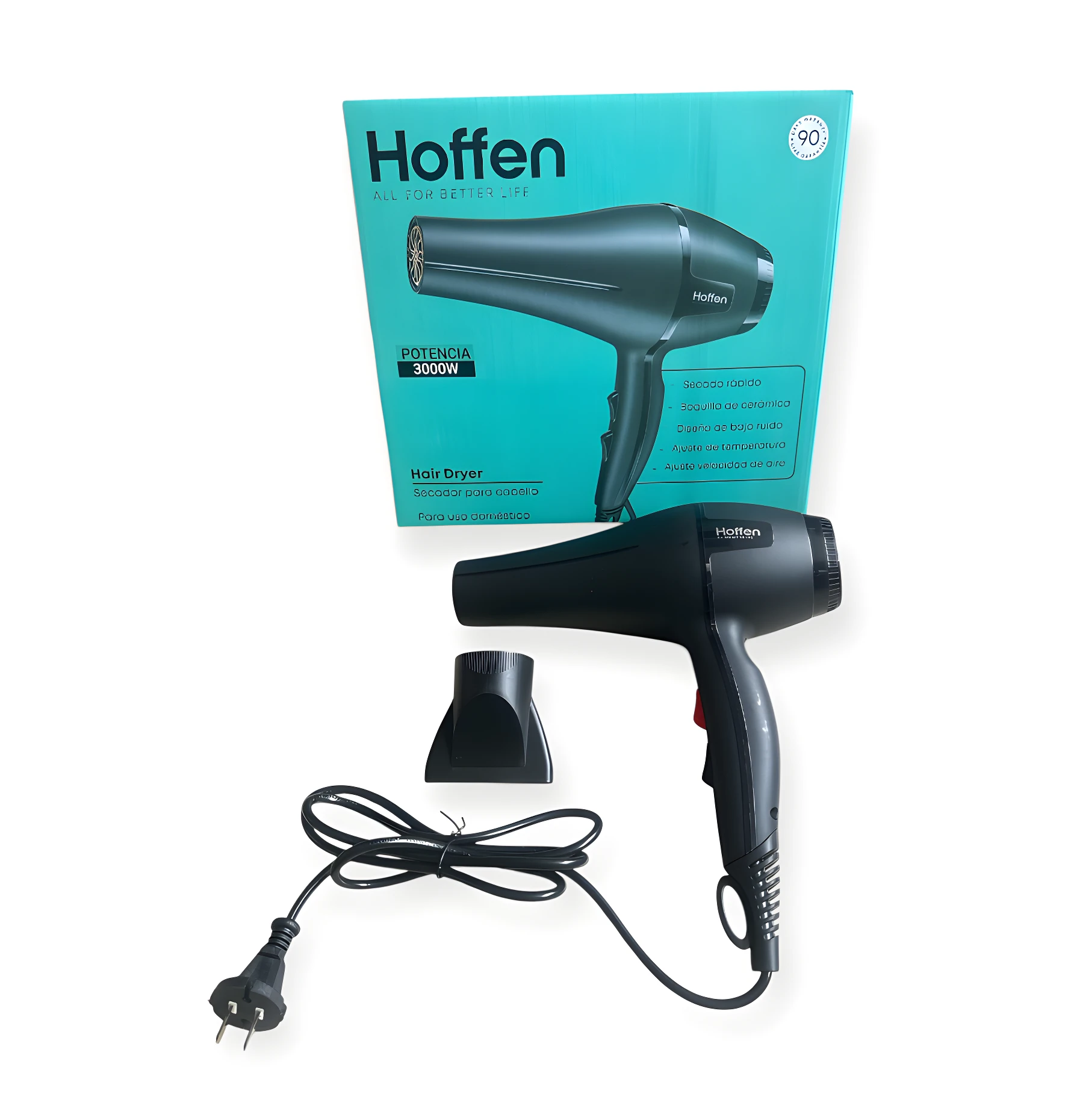 Secador de cabello negro de 3000W Hoffen con boquilla concentradora, cable de alimentación y caja de empaque con especificaciones técnicas a la vista.