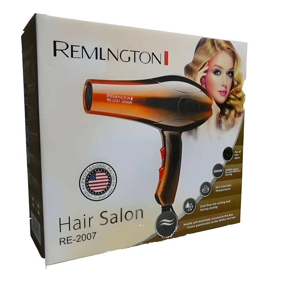 Empaque de secador de cabello color bronce con detalles en negro, modelo profesional RE-2007, que destaca funciones de control de temperatura y potencia.