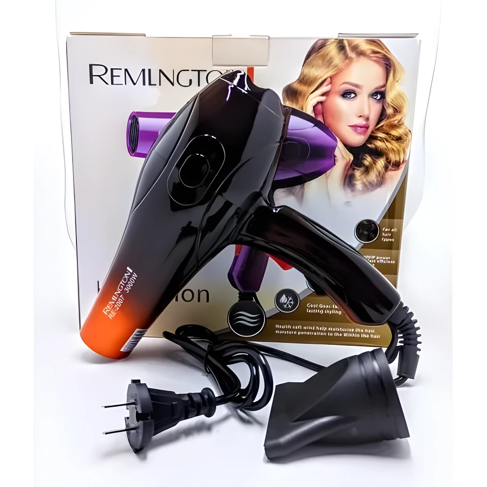 Secador Remington RE2007 de 3000W negro con degradado naranja, incluye boquilla concentradora y caja con de modelo publicitaria de fondo.
