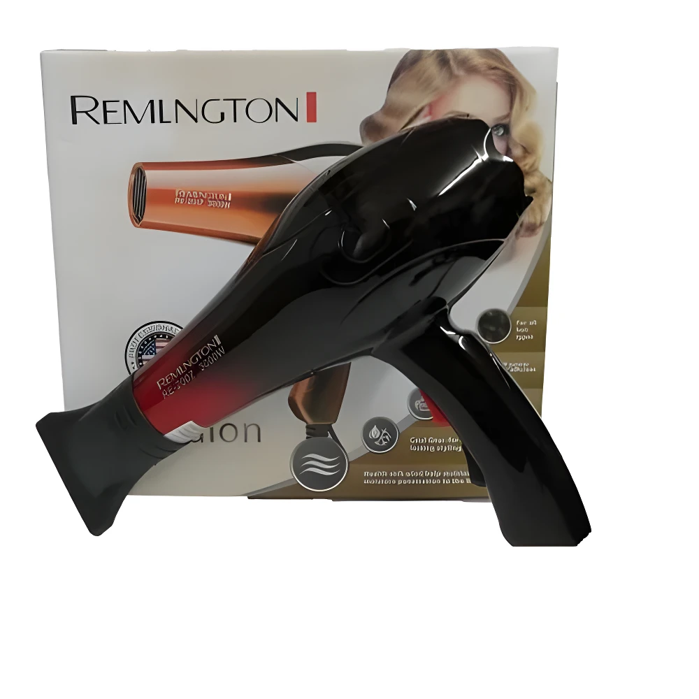 Secador de pelo Remington RE-2007 de 3200W en color negro y rojo, posicionado sobre su caja original con detalles técnicos en acabado brillante.