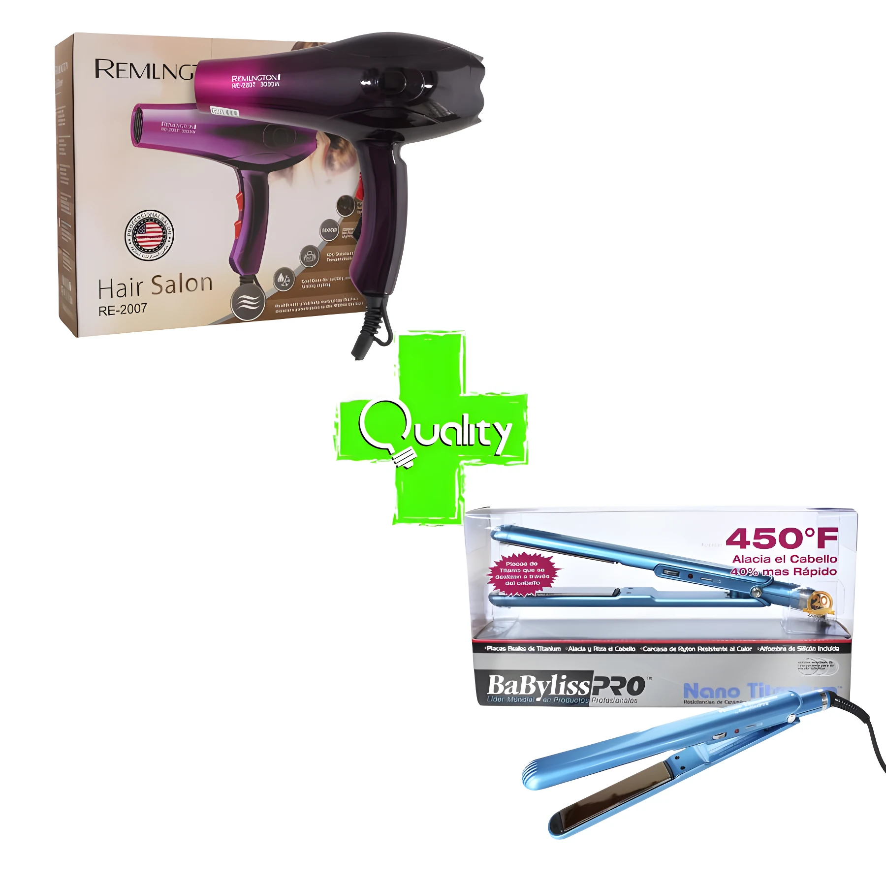 Set de peluquería con secador Remington RE-2007 morado de 3000W y plancha Babyliss Pro azul de 450°F con placas de titanio para alisado profesional.