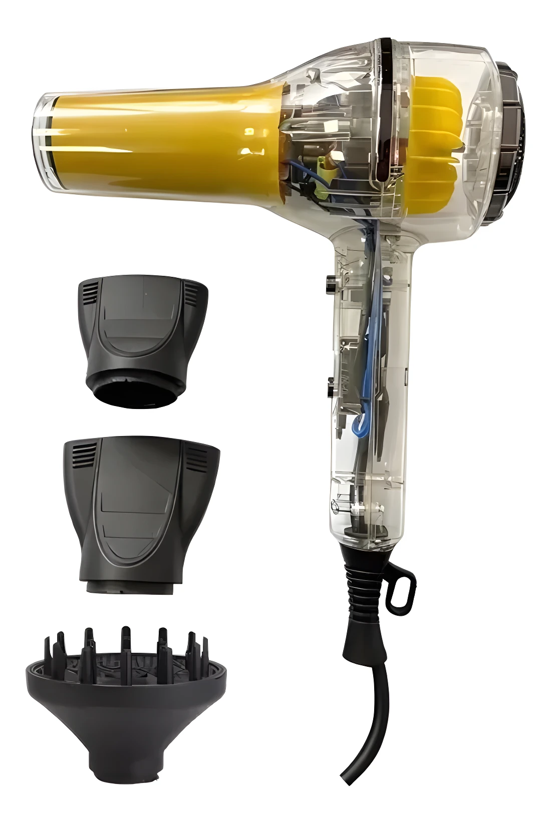 Secador de cabello profesional transparente, 5000W, incluye dos boquillas concentradoras y difusor.