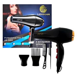 Secador de cabello profesional Lemman 5000W negro con caja, incluye boquilla concentradora, peine difusor, peine de corte y peine de cola.