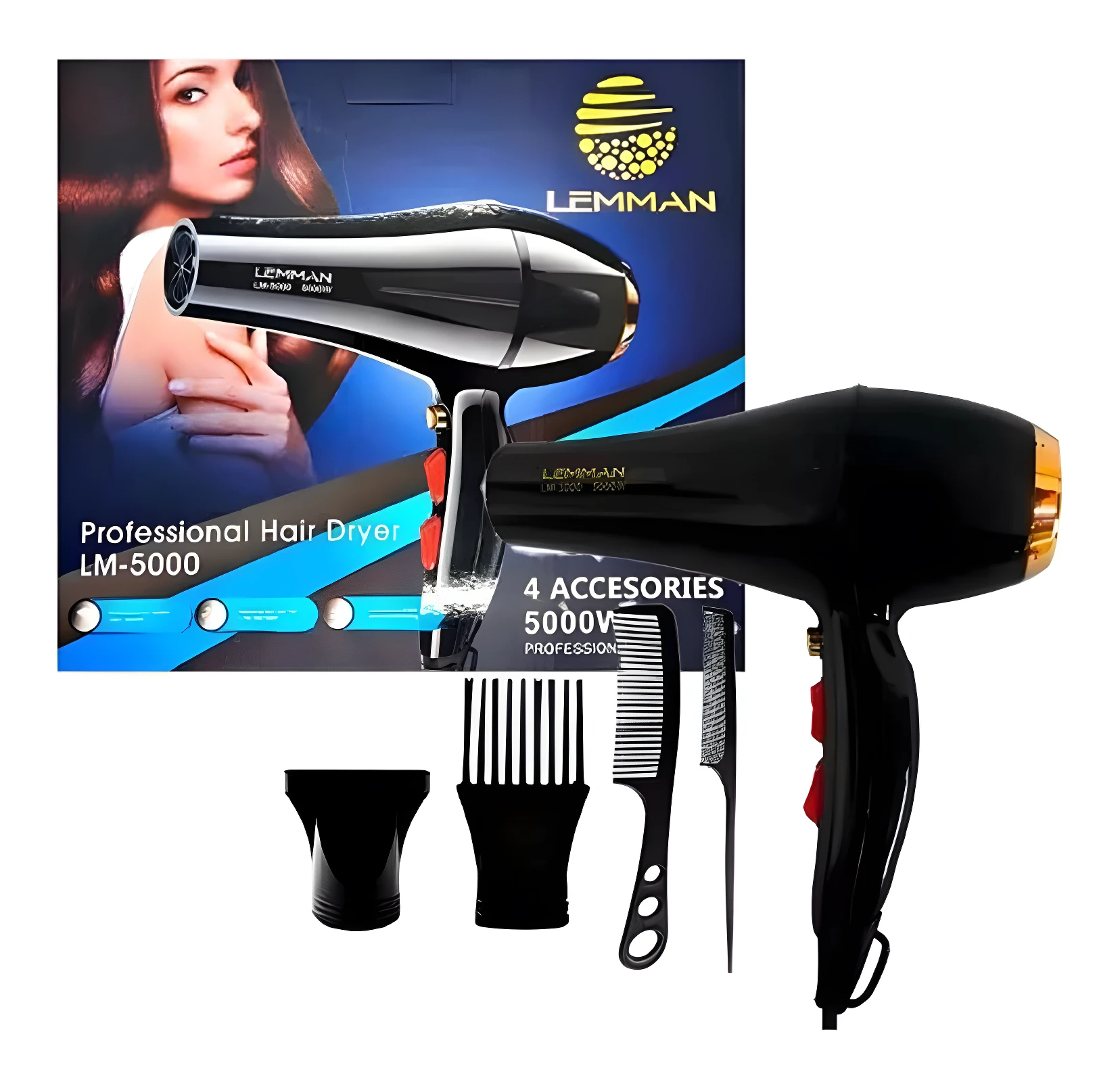 Secador de cabello profesional Lemman 5000W negro con caja, incluye boquilla concentradora, peine difusor, peine de corte y peine de cola.