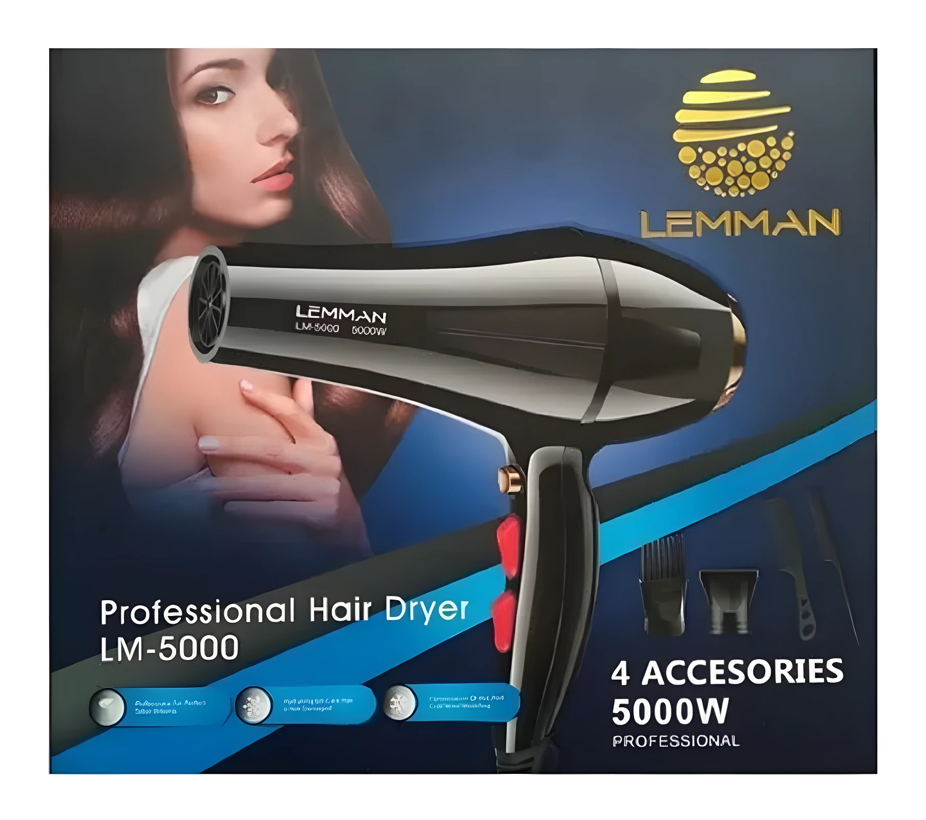 Secador de cabello profesional Lemman 5000W negro, diseño ergonómico con cuatro accesorios, boquillas y peines sobre fondo publicitario con modelo.