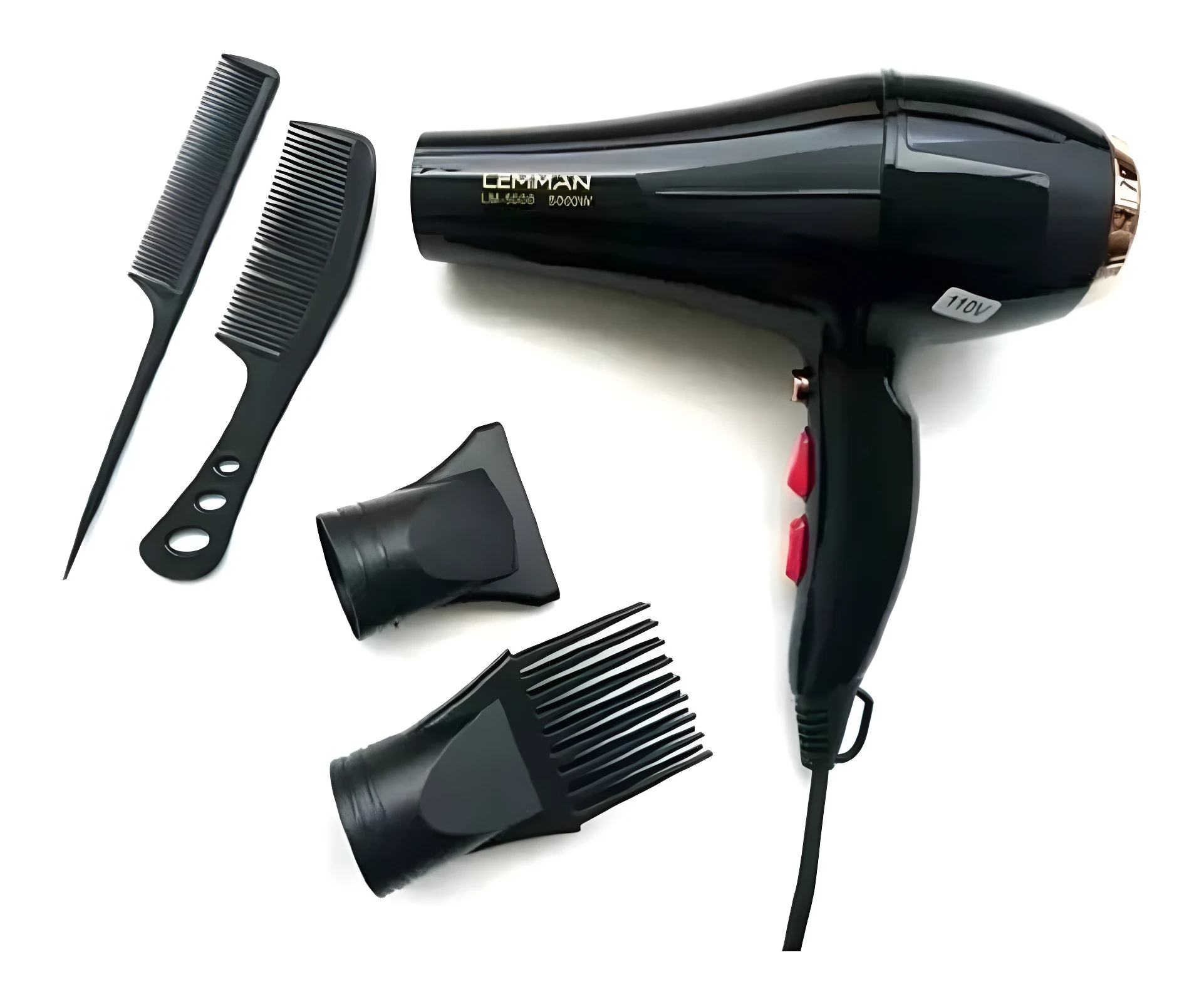 Secador de cabello iónico negro Lemman 5000W con dos peines, dos boquillas concentradoras, cable de alimentación y etiqueta de voltaje 110V.