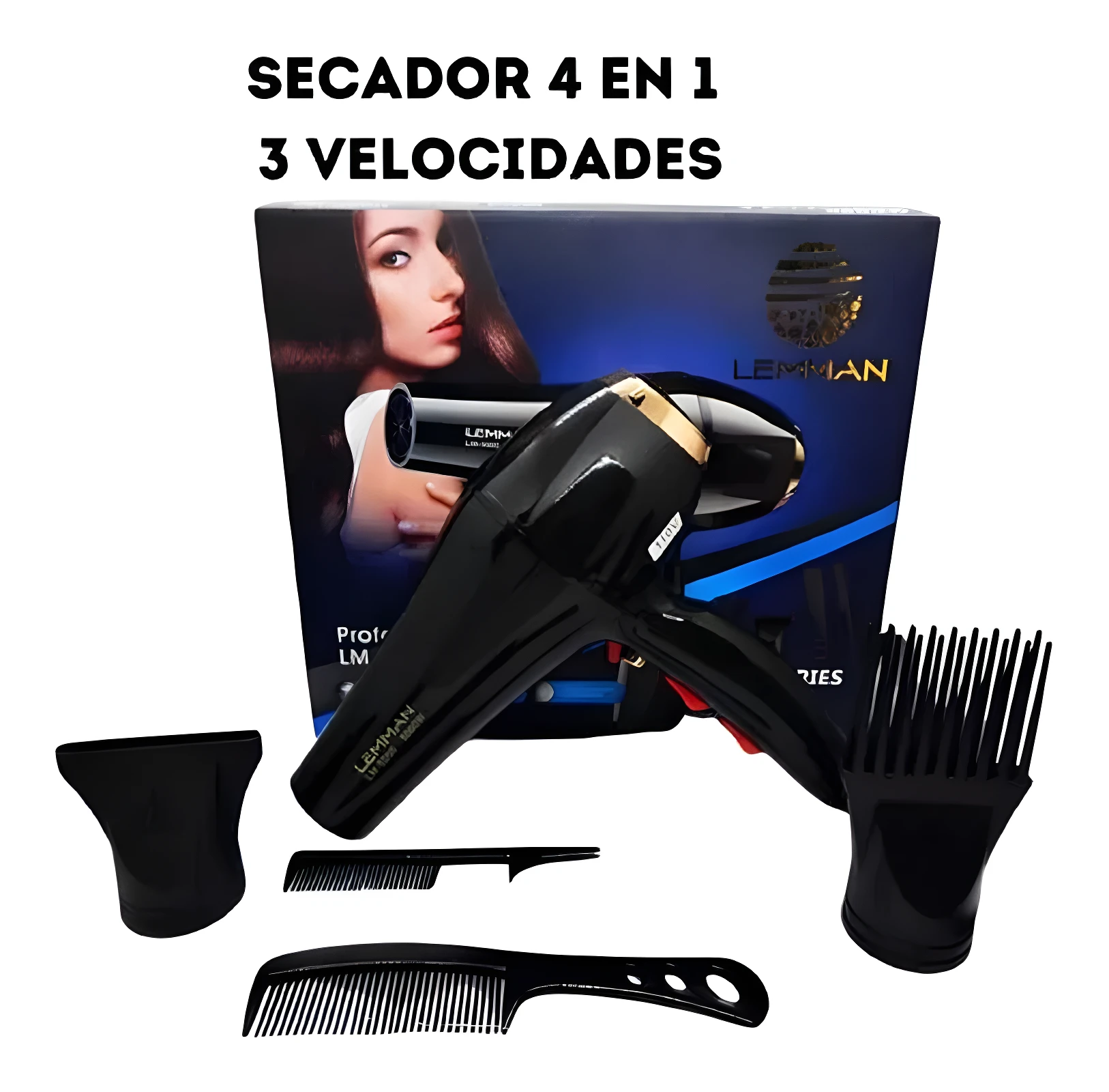 Secador de cabello Lemman 5000W negro con caja, incluye boquilla concentradora, peine tipo cepillo y peine de cola para estilizado profesional.